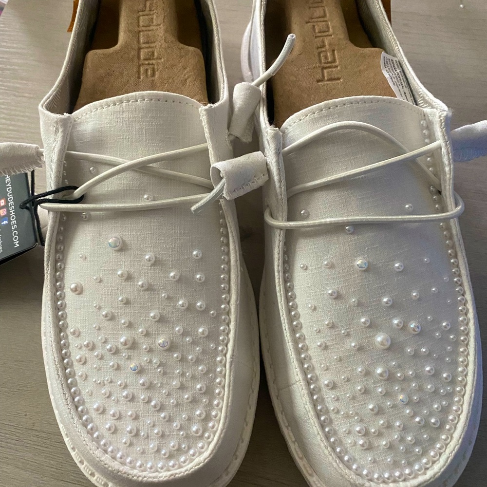 Custom pearl wedding white Hey Dude shoes